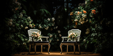 Two chairs on a stage with flowers , Theatrical Ambiance: Two Chairs and Floral Accents on Stage