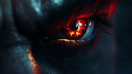 malevolent gaze: the haunting intensity of a red-glowing eye in shadow - obrazy, fototapety, plakaty