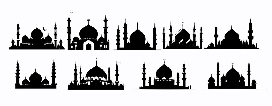 set of mosque silhouettes, with various model variations, for ornament design and other needs. vector illustration