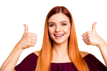 Red straight-haired attractive cute nice young girl showing double thumbs up sing, smiling. Isolated over bright vivid yellow background