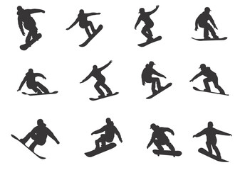 Silhouette of a snowboarder jumping isolated