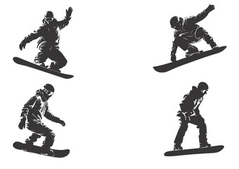 Silhouette of a snowboarder jumping isolated