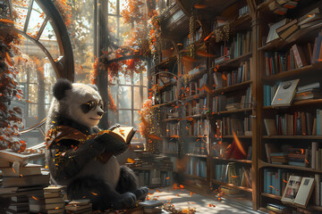 An old panda wearing glasses is selecting books in a spacious, futuristic library