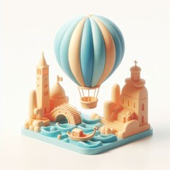 Hot Air Balloon over Venice. Soft shapes 3D illustration with delicate pastel colors.