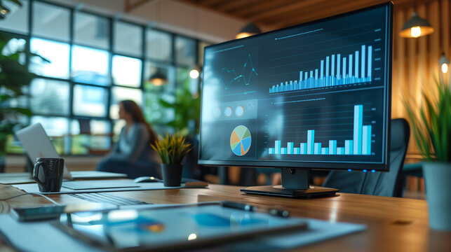office monitor displaying financial market charts and business data analysis 