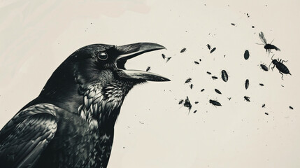 A crow breathing out insects
