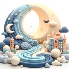 Cartoon Venice with Canals and Night Moon. Soft shapes 3D illustration with delicate pastel colors.