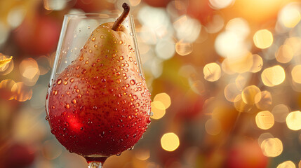 Wine in the glass and pear on the orange bokeh background - obrazy, fototapety, plakaty