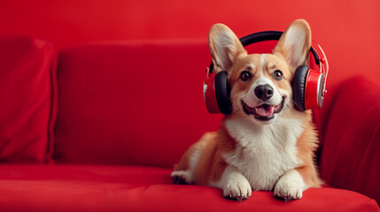 Corgi in headphones on the red sofa 