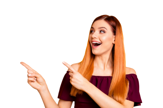 Facial expression people person concept. Close up photo portrait of nice cheerful surprised excited cool fancy joyful humorous lady asking you to look aside isolated bright background copy space
