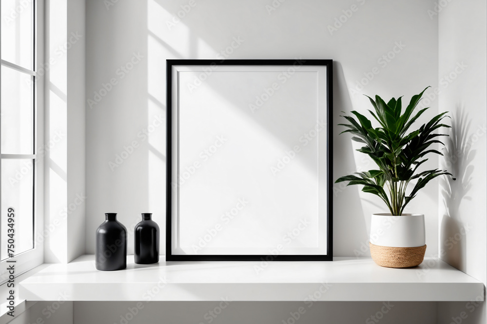 Poster close up of mockup poster frame with modern minimalist interior background in bright white color - m