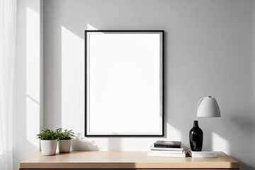 Close up of mockup poster frame with modern minimalist interior background in bright white color - Mockup