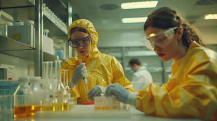 Scientists in yellow coats doing experiment in a lab - obrazy, fototapety, plakaty