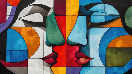 Abstract black and white cubist face with blue, red, saffron, green and fuchsia accents, retro colors. Illustration for creative design