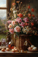 Obraz na płótnie Canvas Vintage Easter still life with gentle spring garden flowers bouquet and Easter eggs. Oil painting illustration in Dutch fine art masterpiece style.