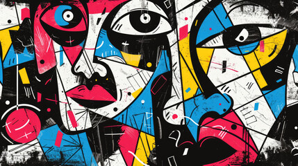 Abstract black and white cubist face mixed with red, blue, yellow, green and pink, retro colors. Illustration for creative design