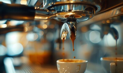 Fototapeta na wymiar A close-up shot of a gleaming espresso machine in a trendy cafe setting, with rich espresso cascading into a demitasse cup