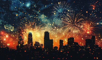 Fototapeta na wymiar Dazzling fireworks illuminating the night sky of a metropolis with bright flashes on a black background