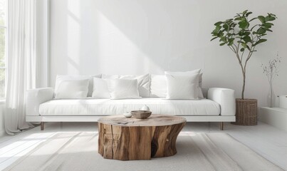A serene minimalist living room featuring a tree stump coffee table as the focal point, surrounded by a sleek white sofa and minimalist decor, creating a tranquil and modern space