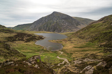 Dramatic landscape vista of Cwm Idwal in the Gyderau mountains of Snowdonia National Park in North Wales