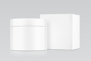 Blank cosmetic package container for creme, mask with box mockup. Vector illustration isolated on grey background. Can be use for your design, advertising, promo and etc. EPS10.