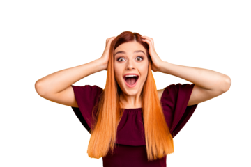 Wow hooray omg! I don't believe my eyes! Close up photo portrait of joy fun funky funny cheerful rejoicing pretty lady looking at camera wearing burgundy apparel isolated vivid background