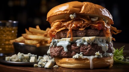 A sumptuous burger arrangement highlighting a thick Angus beef patty, smoky grilled onions, and velvety blue cheese crumbles, served on a toasted ciabatta roll