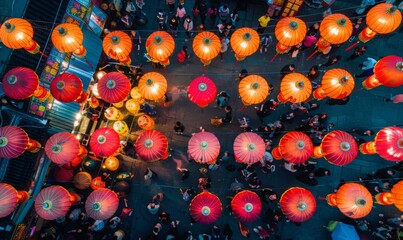 An aerial view of a crowded marketplace or square adorned with rows of hanging Chinese lanterns