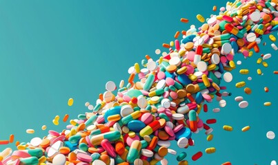 Mound of colorful pills cascading down against a striking blue backdrop, highlighting the prevalence of pharmaceuticals in modern society - obrazy, fototapety, plakaty