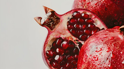 Pomegranate and seeds close-up,Fresh, ripe, organic pomegranate fruit on white background,Sweet pomegranate isolated on white background
