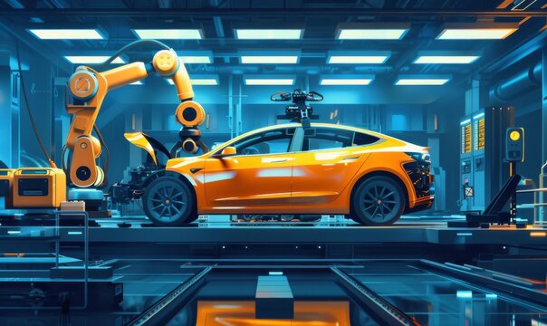 Robots  assemble autonomous car parts in a futuristic electric car factory