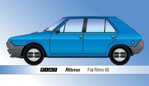 Torino, Italy, year 1978, Fiat Ritmo 60 vintage car silhouette, popular italian old car, coloured vector illustration