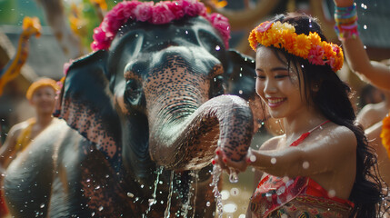 Girl with traditional costume and decorated elephant with garland in Songkran festival at Thailand - obrazy, fototapety, plakaty