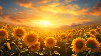 A symphony of vibrant hues in a field of blooming sunflowers, their cheerful faces turned toward the sun, painting the landscape with golden warmth.