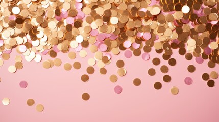 Shiny particles of golden color on a pink background. Glowing sparks, festive background, greeting...