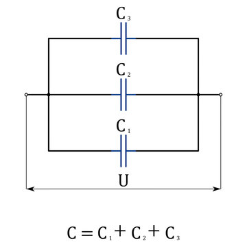 Diagram of parallel connection of three capacitors, expression of the resulting capacity
