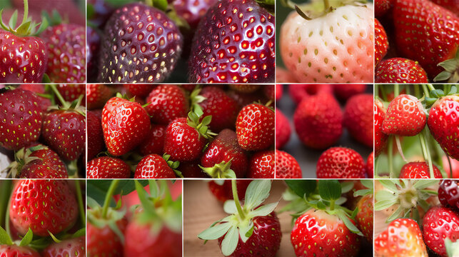 Photo collage of various types of strawberries.