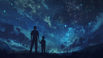 Fototapeta premium Galactic Gaze: A Father and Son’s Journey Through the Stars