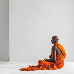 Buddhist monk meditates in an empty white isolated room. Vesak. Wesak day