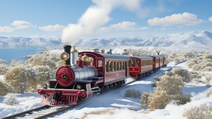 Obraz premium Vintage steam locomotive pulling train against picturesque winter landscape, bathed in sunlight