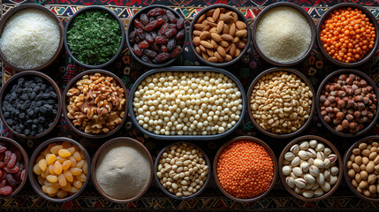 Assorted dried fruits, nuts, and grains in various bowls. A colorful display of nutritious ingredients. This image is perfect for: health food, nutrition, organic ingredients.
