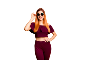 People person youngster youth modern outfit clothes concept. Studio photo portrait of pretty attractive stunning pretty with toothy beaming smile lady adjusting glassed isolate background
