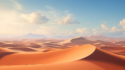 A vast desert landscape, with towering sand dunes sculpted by the wind and a boundless expanse of golden sand stretching to the horizon - obrazy, fototapety, plakaty