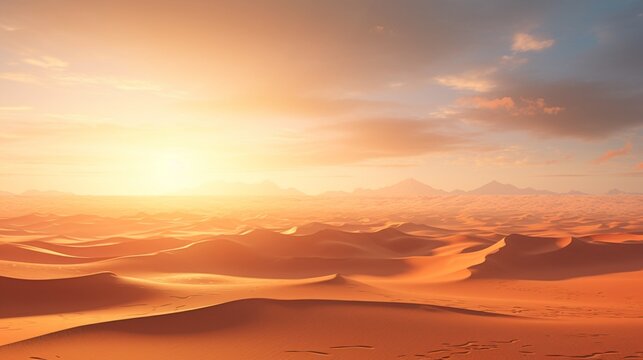 A vast desert landscape, with towering sand dunes sculpted by the wind and a boundless expanse of golden sand stretching to the horizon