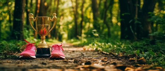 trophée en or à côté de chaussures de sport roses dans un chemin de forêt - obrazy, fototapety, plakaty