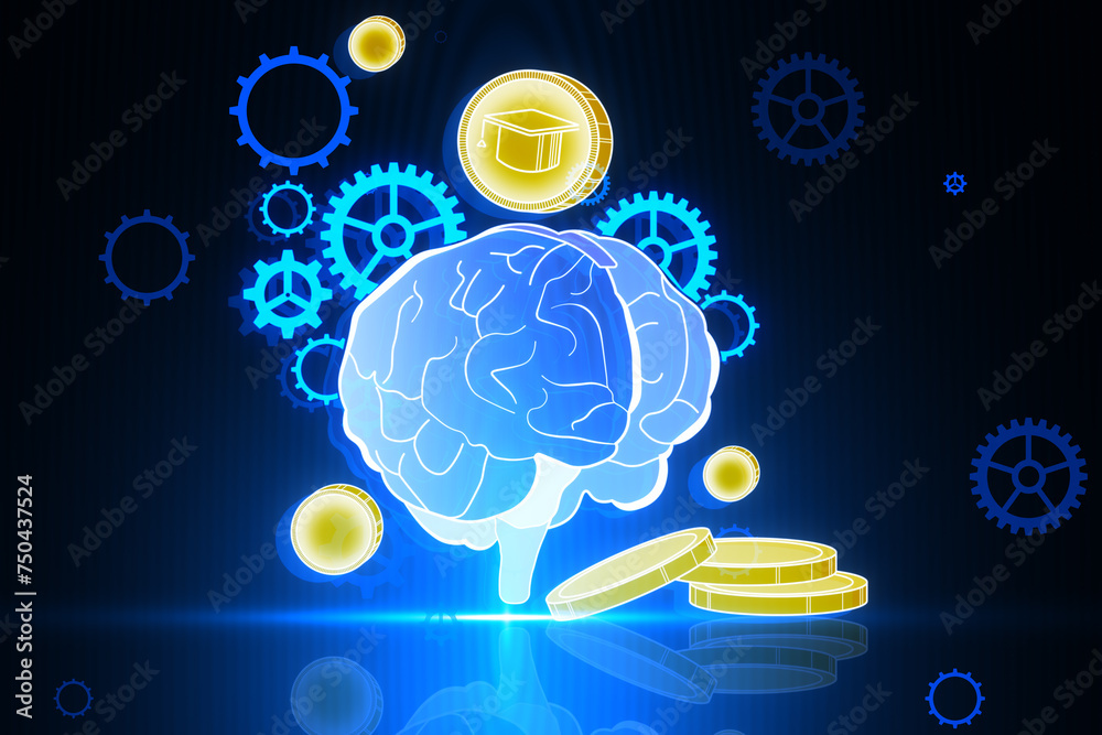 Poster Creative glowing digital brain hologram on blurry wallpaper with cogs and coins. AI and futuristic hud elements. 3D Rendering.