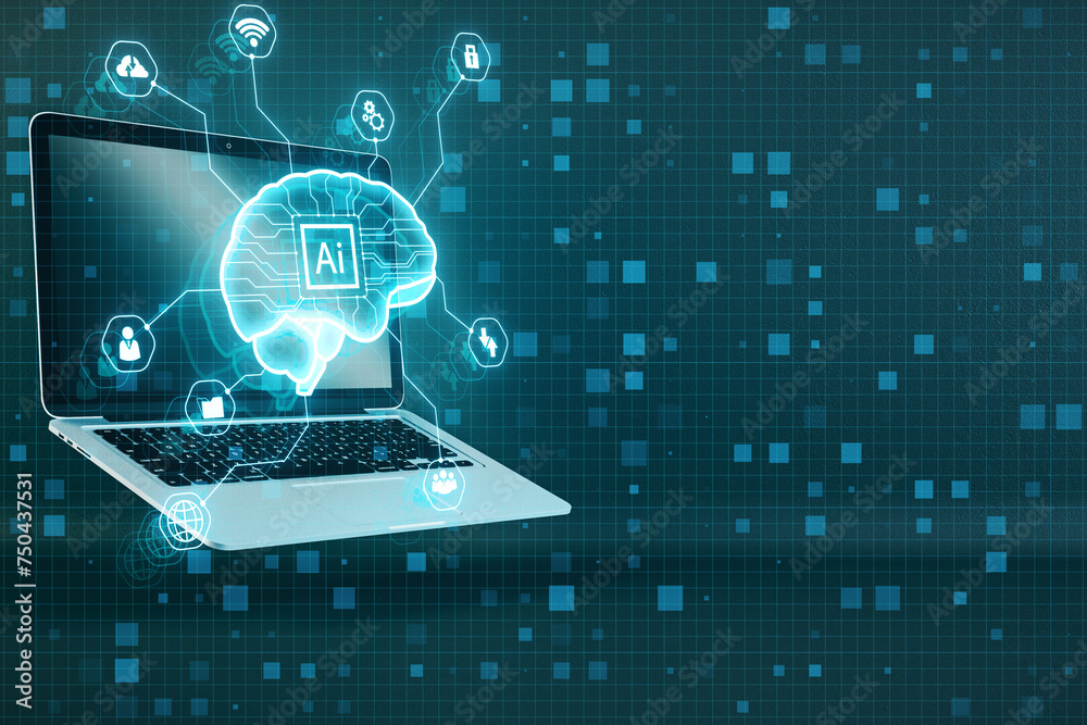 Poster close up of laptop with creative glowing digital brain hologram on blurry background. ai and futuris