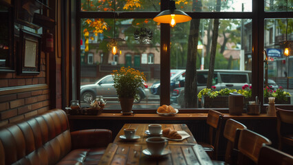 Cozy Corner: A Rainy Day in a Warm Coffee Shop - obrazy, fototapety, plakaty