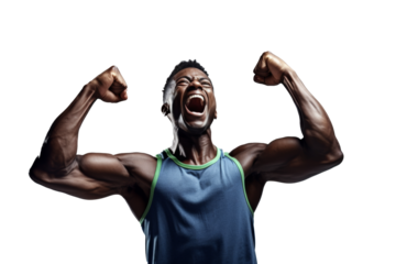 Triumphant African man flexing muscles, victory, strength, fitness, isolated on transparent background.