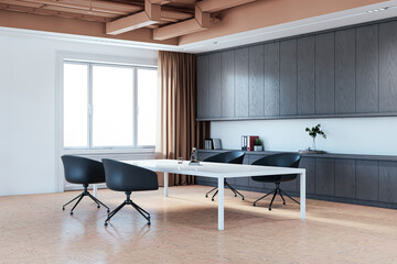 Modern meeting room interior with various objects and furniture. 3D Rendering.